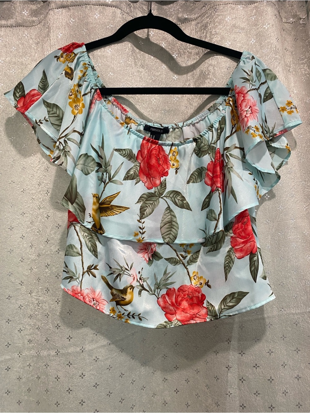 Forever 21 Light Blue Floral Ruffle Off-Shoulder Blouse